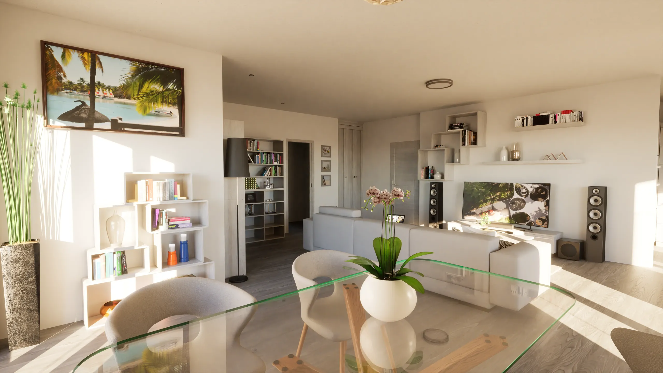 Render 3D soggiorno moderno con quadro tropicale